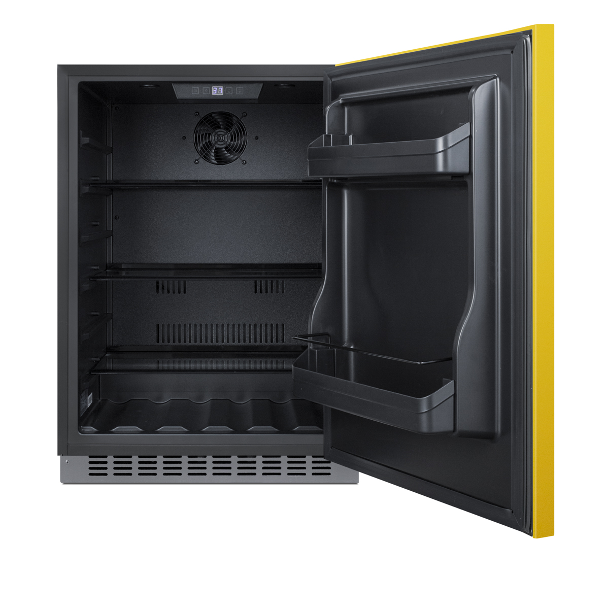 24 in. wide built-in undercounter ADA compliant all-refrigerator with saffron gold door, stainless steel handle and kickplate, and black cabinet